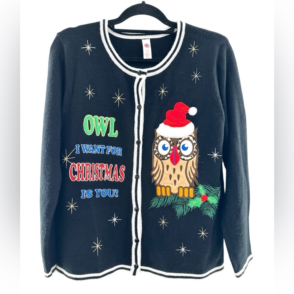 Ugly Christmas Cardigan Sweater with Holiday Owl Design